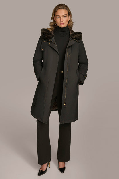 FAUX FUR TRIM LINED RAIN COAT - Black