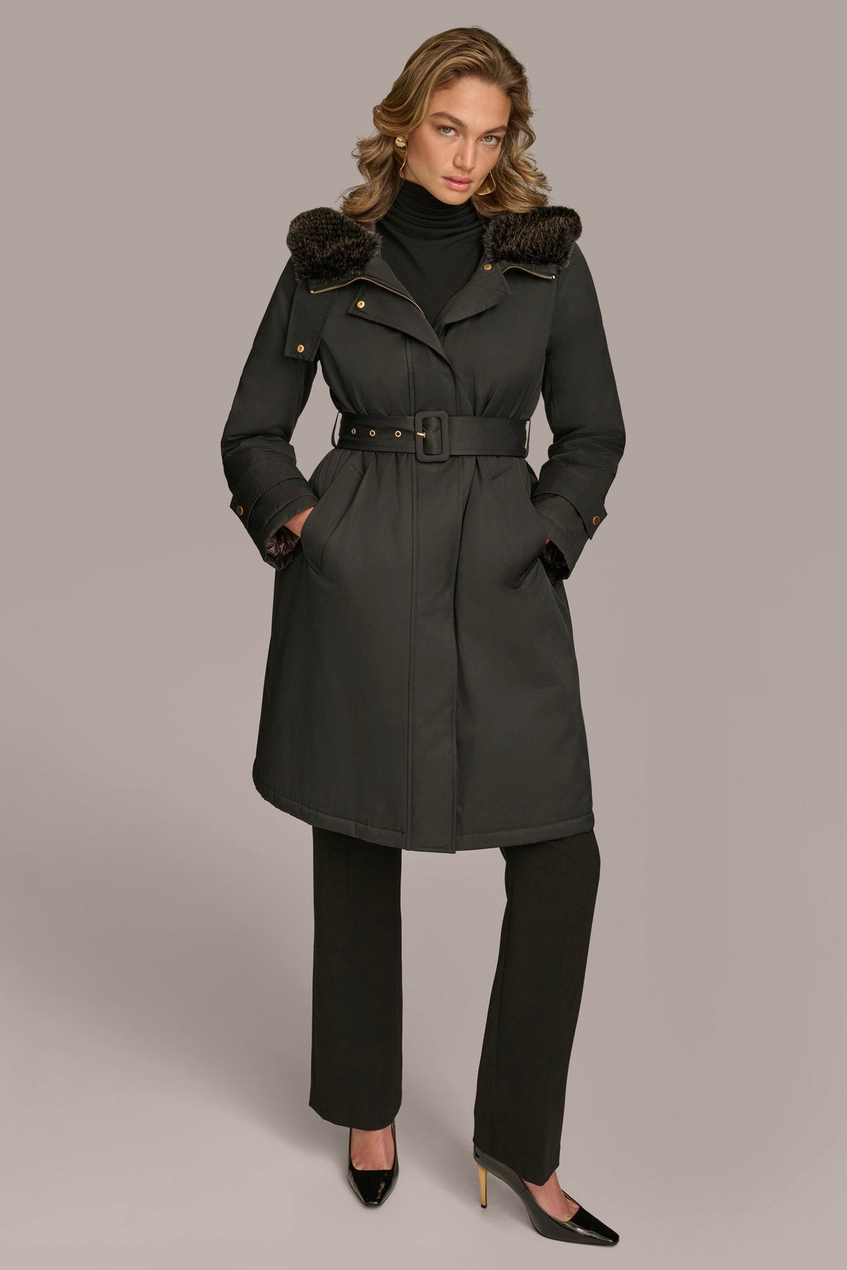 FAUX FUR TRIM LINED RAIN COAT - Black