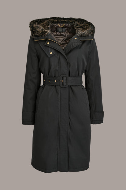 FAUX FUR TRIM LINED RAIN COAT - Black