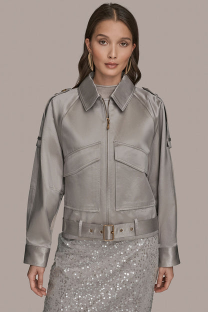 COTTON-BLEND SATIN BIKER JACKET - VAPOR