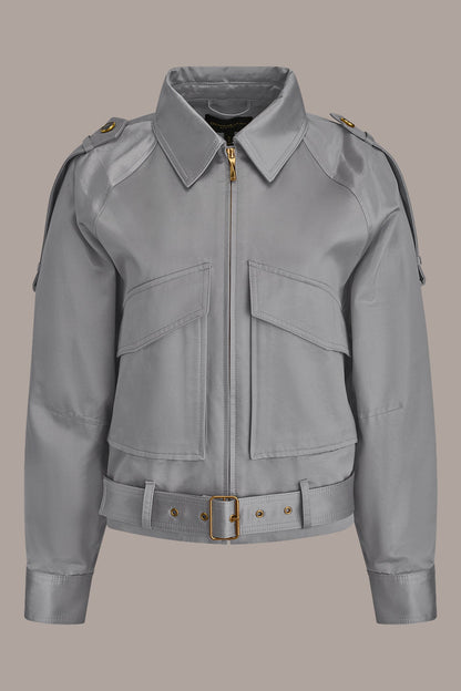 COTTON-BLEND SATIN BIKER JACKET - VAPOR