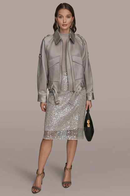 COTTON-BLEND SATIN BIKER JACKET - VAPOR