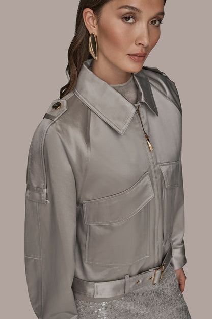 COTTON-BLEND SATIN BIKER JACKET - VAPOR