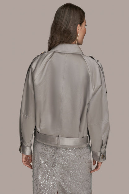 COTTON-BLEND SATIN BIKER JACKET - VAPOR