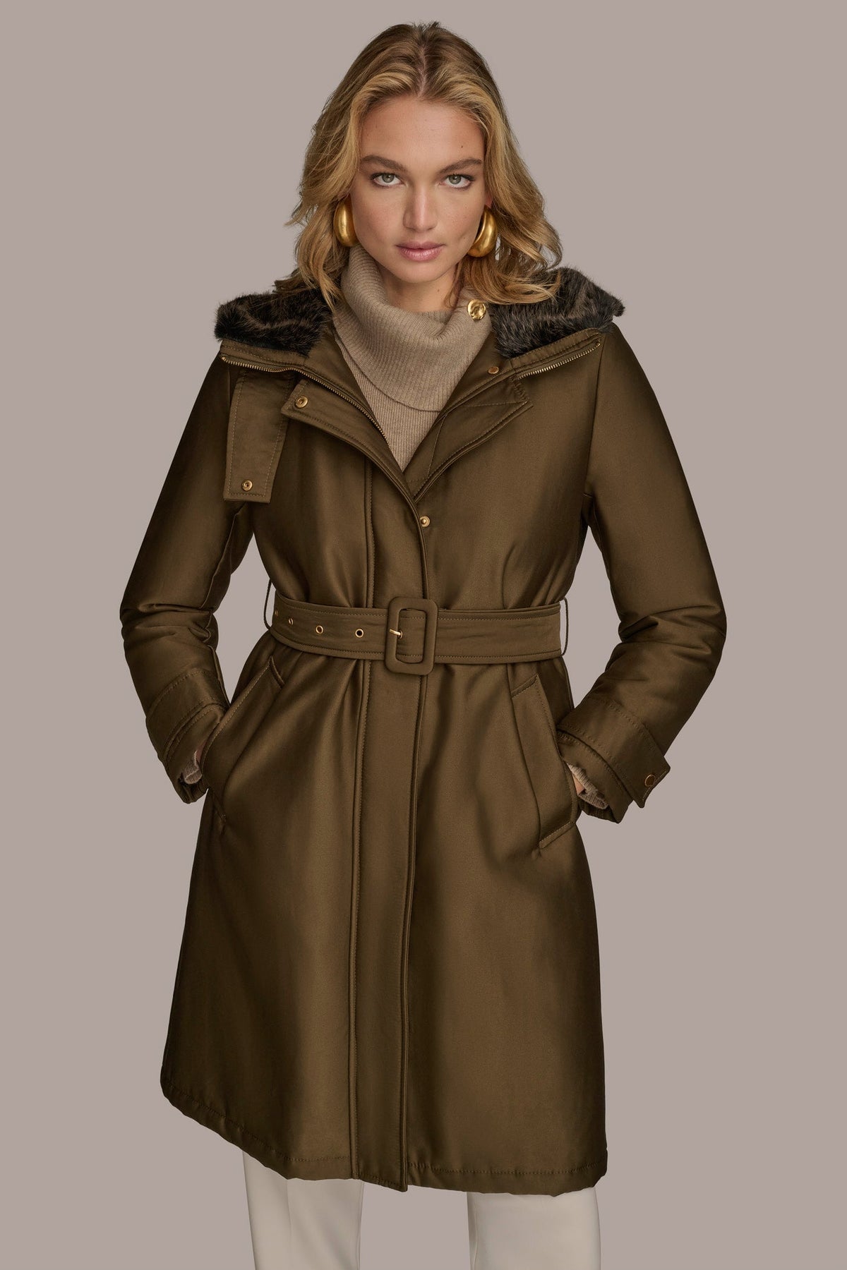 FAUX FUR TRIM LINED RAIN COAT - Beech