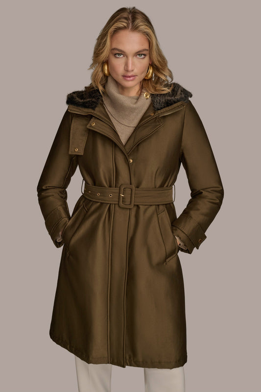 FAUX FUR TRIM LINED RAIN COAT - Beech