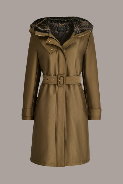 FAUX FUR TRIM LINED RAIN COAT - Beech
