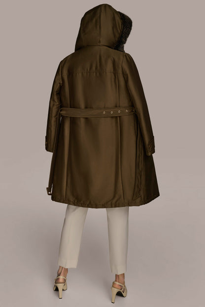 FAUX FUR TRIM LINED RAIN COAT - Beech