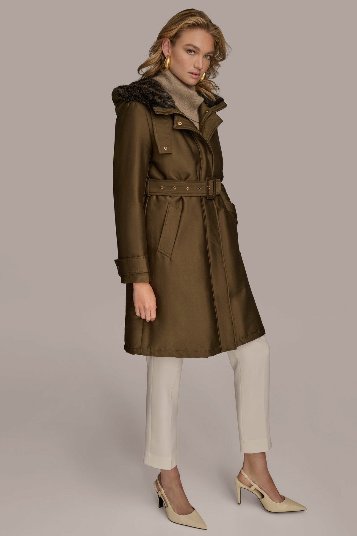 FAUX FUR TRIM LINED RAIN COAT - Beech