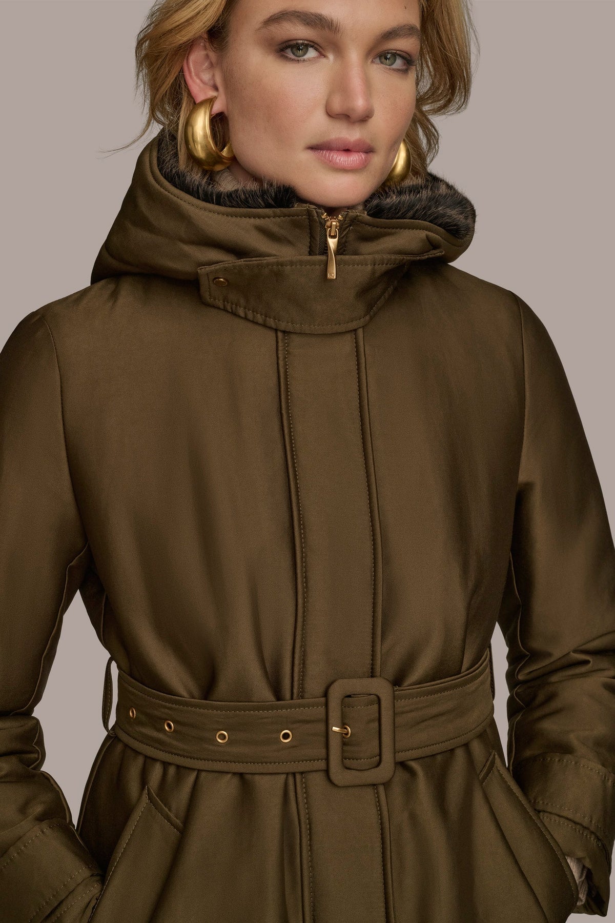FAUX FUR TRIM LINED RAIN COAT - Beech