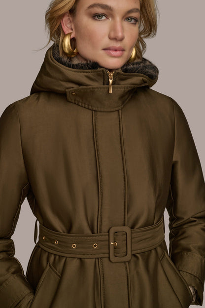 FAUX FUR TRIM LINED RAIN COAT - Beech