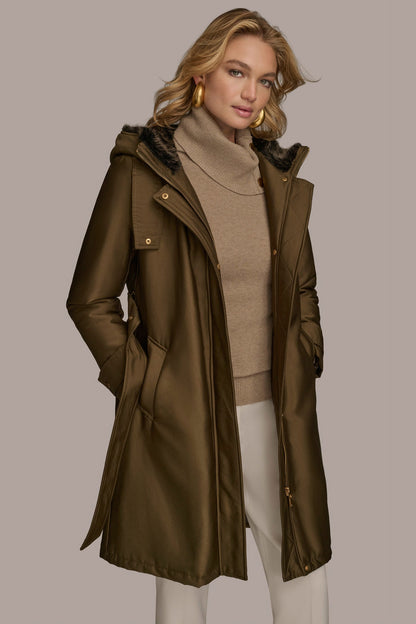 FAUX FUR TRIM LINED RAIN COAT - Beech