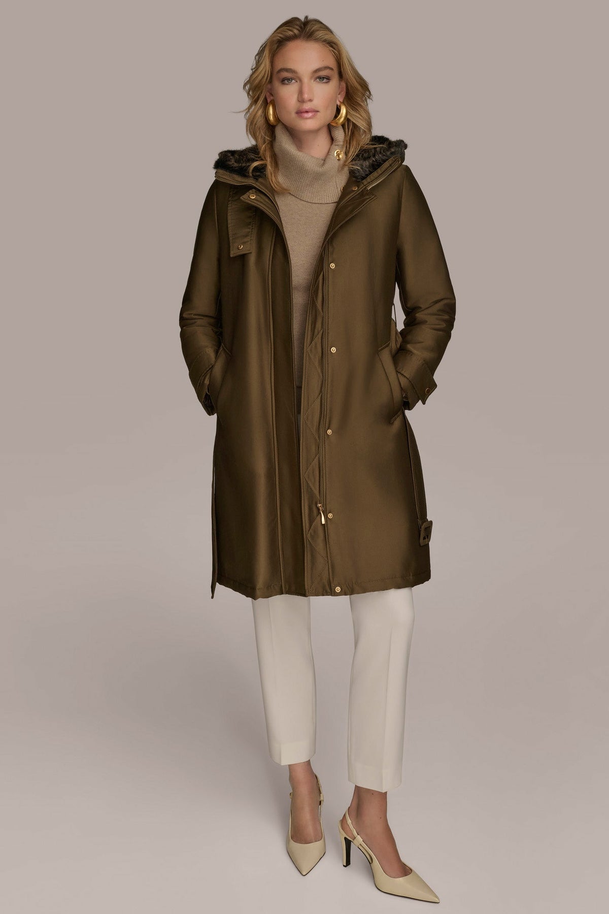 FAUX FUR TRIM LINED RAIN COAT - Beech