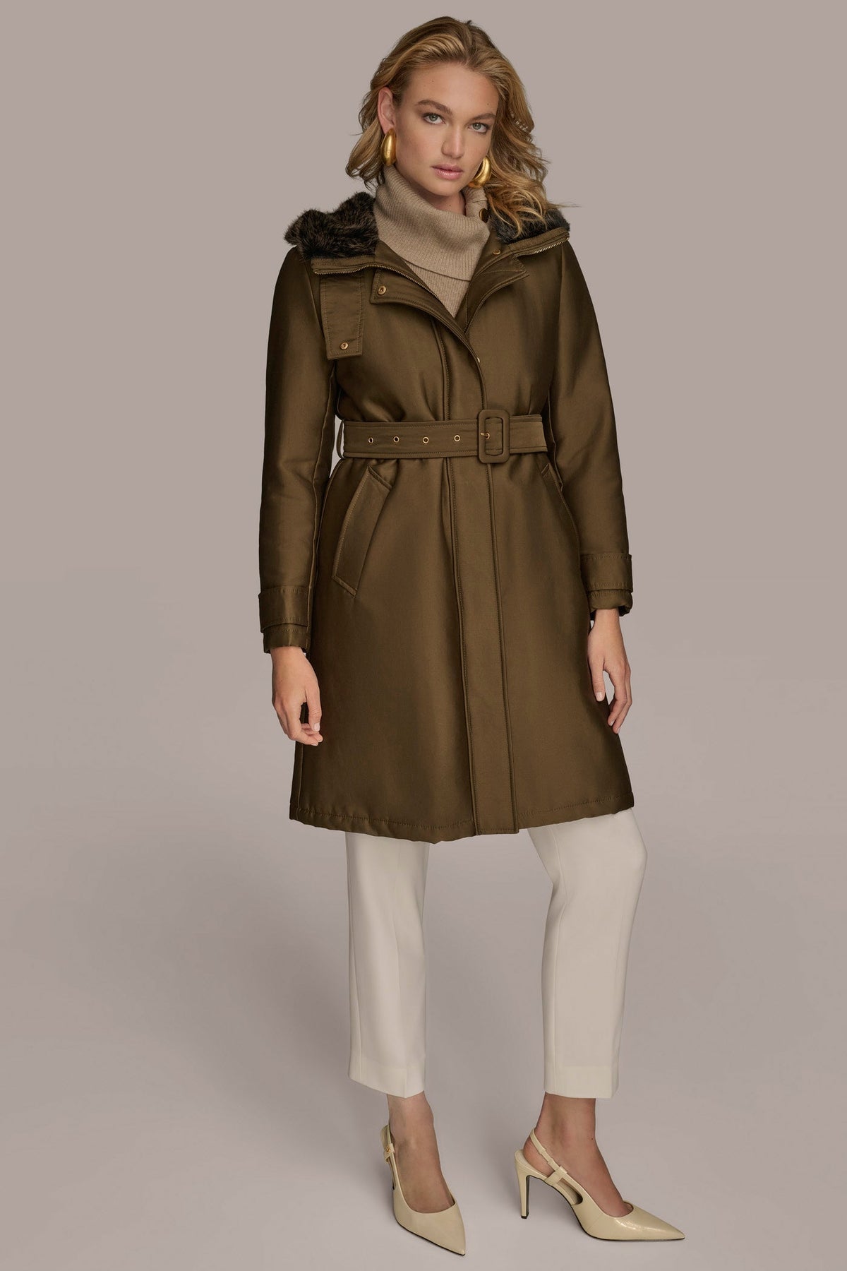 FAUX FUR TRIM LINED RAIN COAT - Beech
