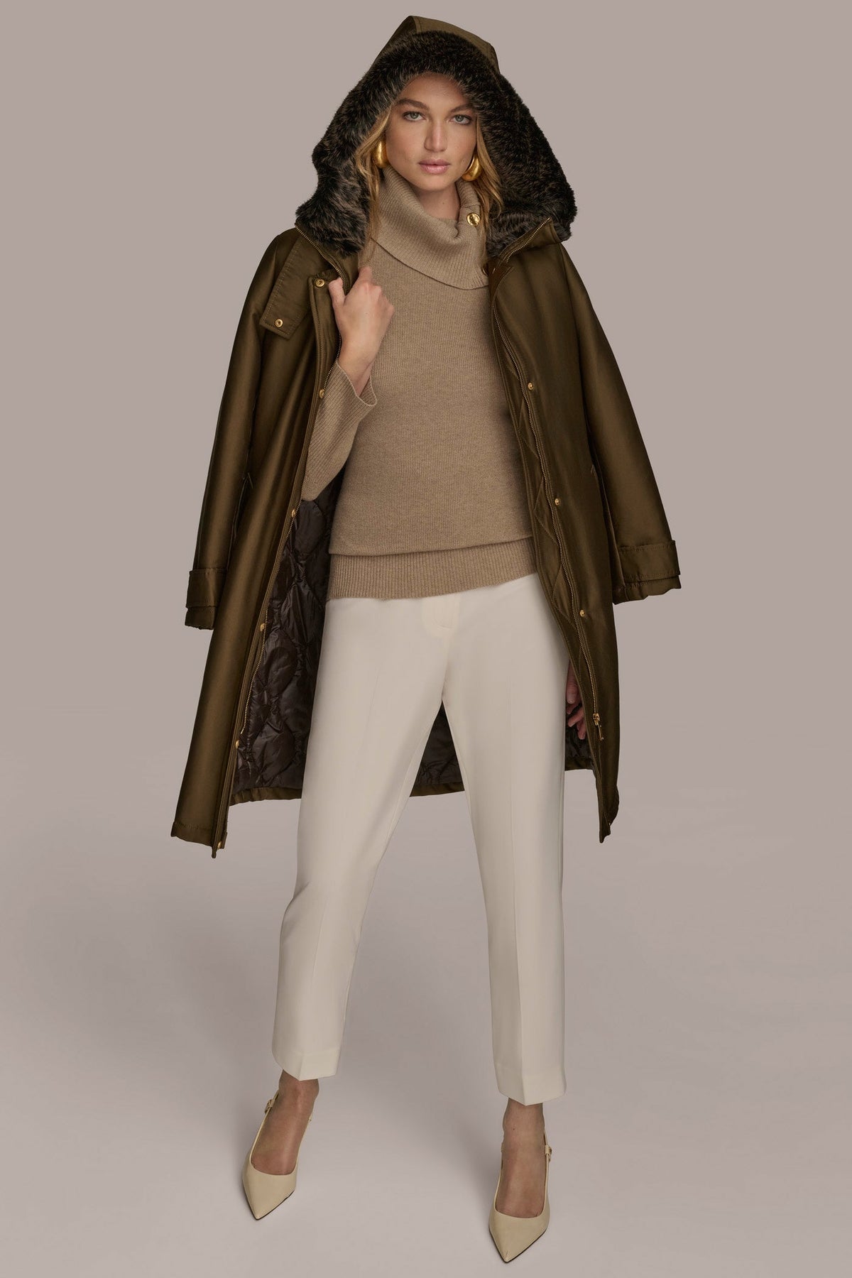 FAUX FUR TRIM LINED RAIN COAT - Beech