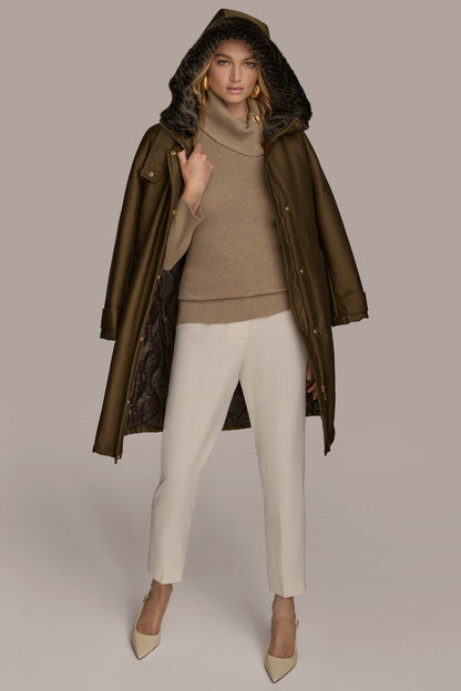 FAUX FUR TRIM LINED RAIN COAT - Beech