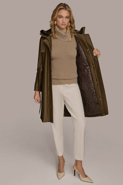 FAUX FUR TRIM LINED RAIN COAT - Beech