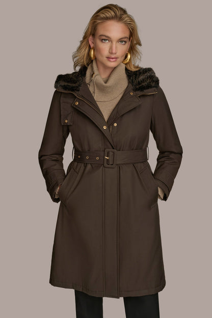 FAUX FUR TRIM LINED RAIN COAT - Brown