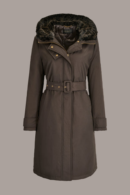 FAUX FUR TRIM LINED RAIN COAT - Brown