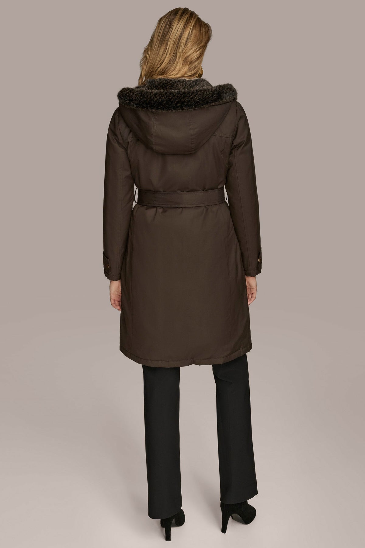 FAUX FUR TRIM LINED RAIN COAT - Brown