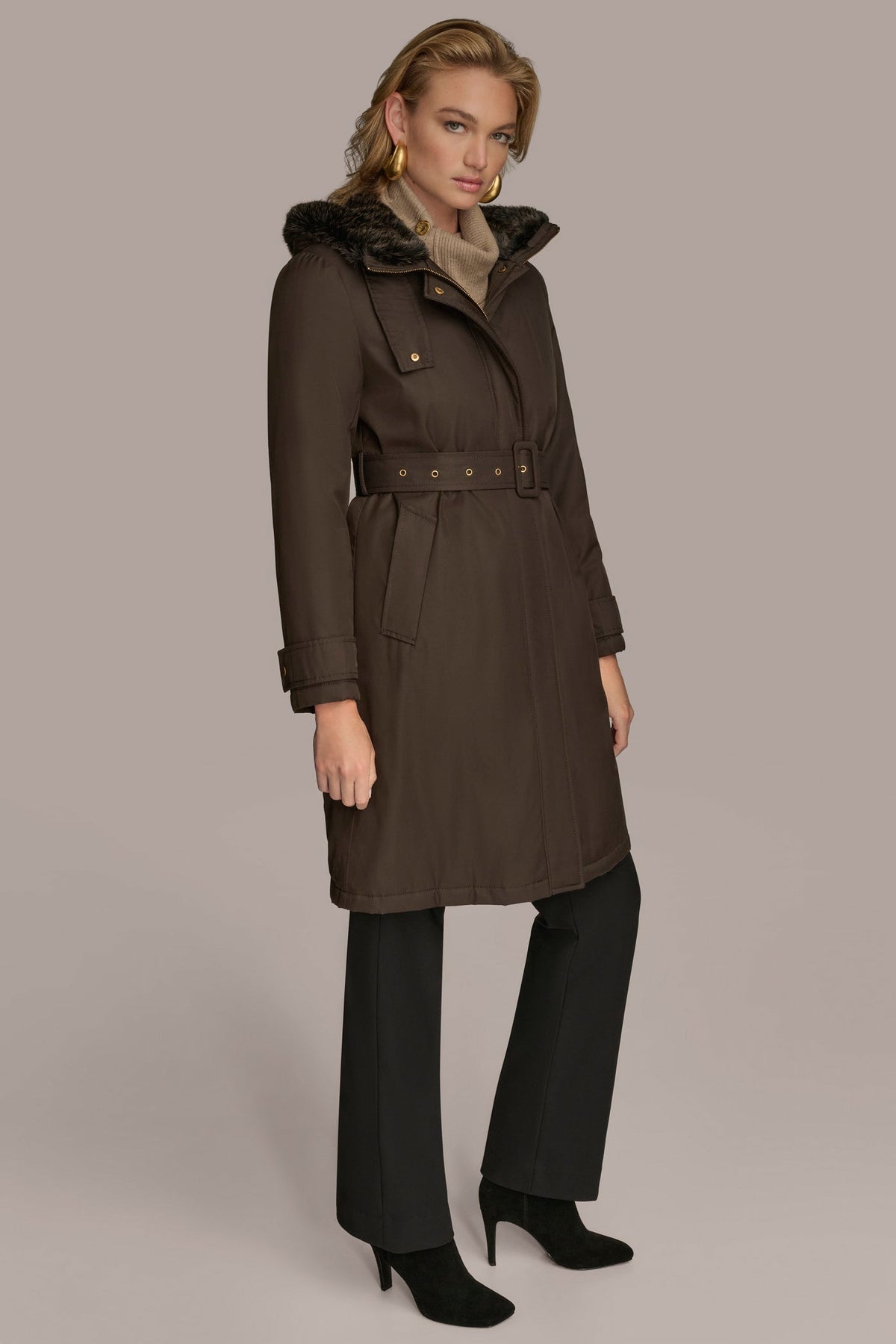 FAUX FUR TRIM LINED RAIN COAT - Brown