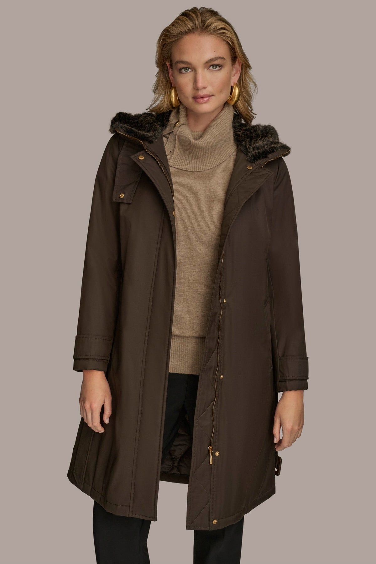 FAUX FUR TRIM LINED RAIN COAT - Brown