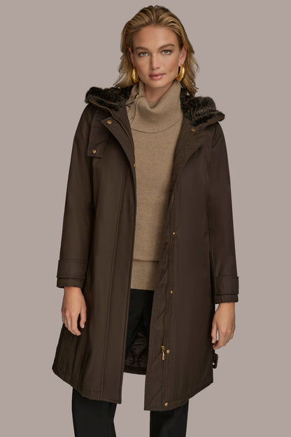 FAUX FUR TRIM LINED RAIN COAT - Brown