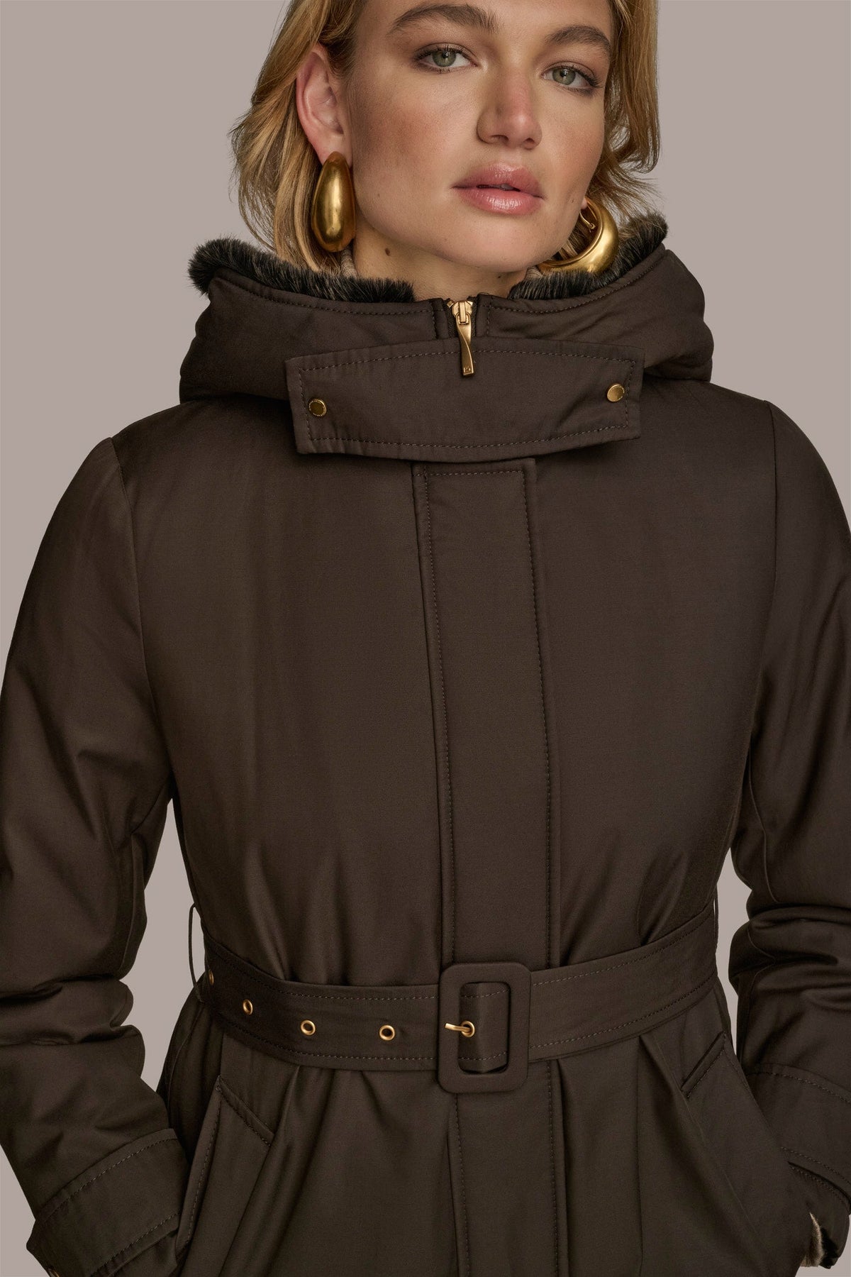 FAUX FUR TRIM LINED RAIN COAT - Brown