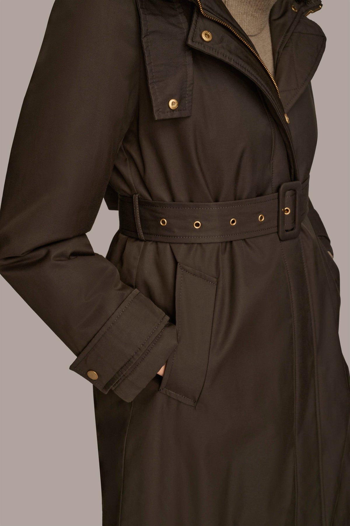 FAUX FUR TRIM LINED RAIN COAT - Brown