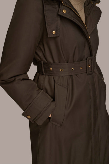 FAUX FUR TRIM LINED RAIN COAT - Brown