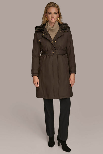 FAUX FUR TRIM LINED RAIN COAT - Brown