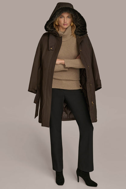 FAUX FUR TRIM LINED RAIN COAT - Brown