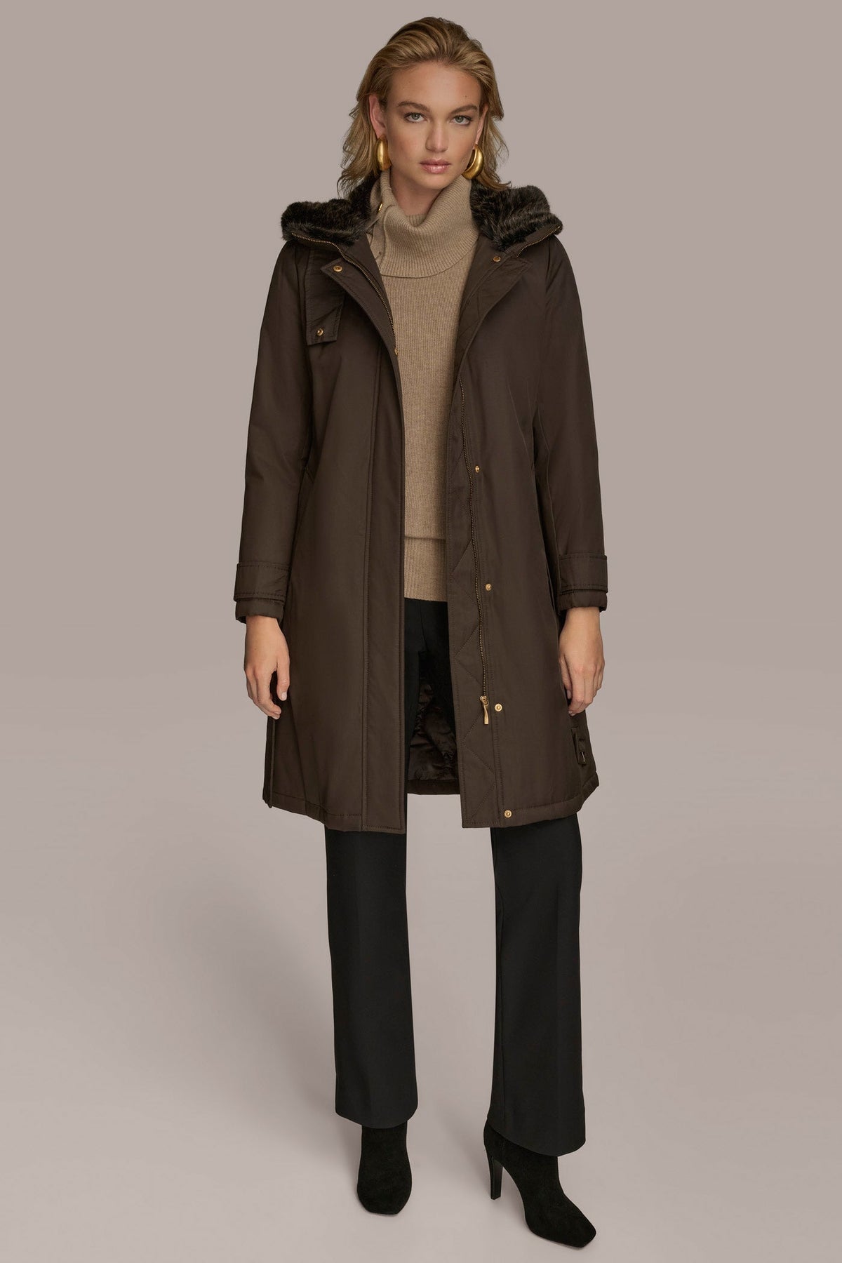 FAUX FUR TRIM LINED RAIN COAT - Brown