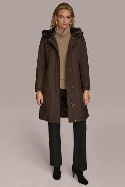FAUX FUR TRIM LINED RAIN COAT - Brown