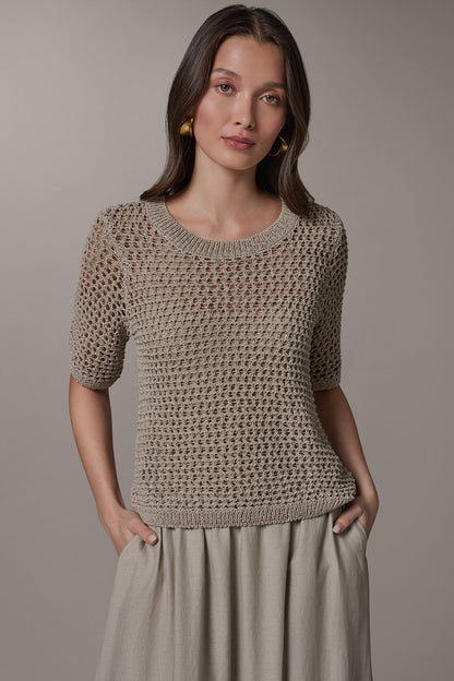 SHORT SLEEVE OPEN STITCH SWEATER - Sandstone