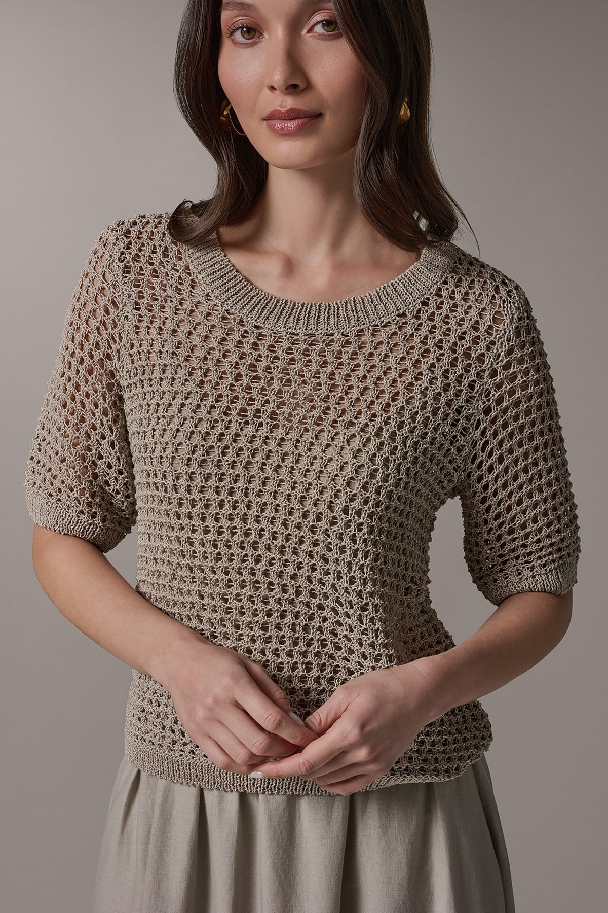SHORT SLEEVE OPEN STITCH SWEATER - Sandstone