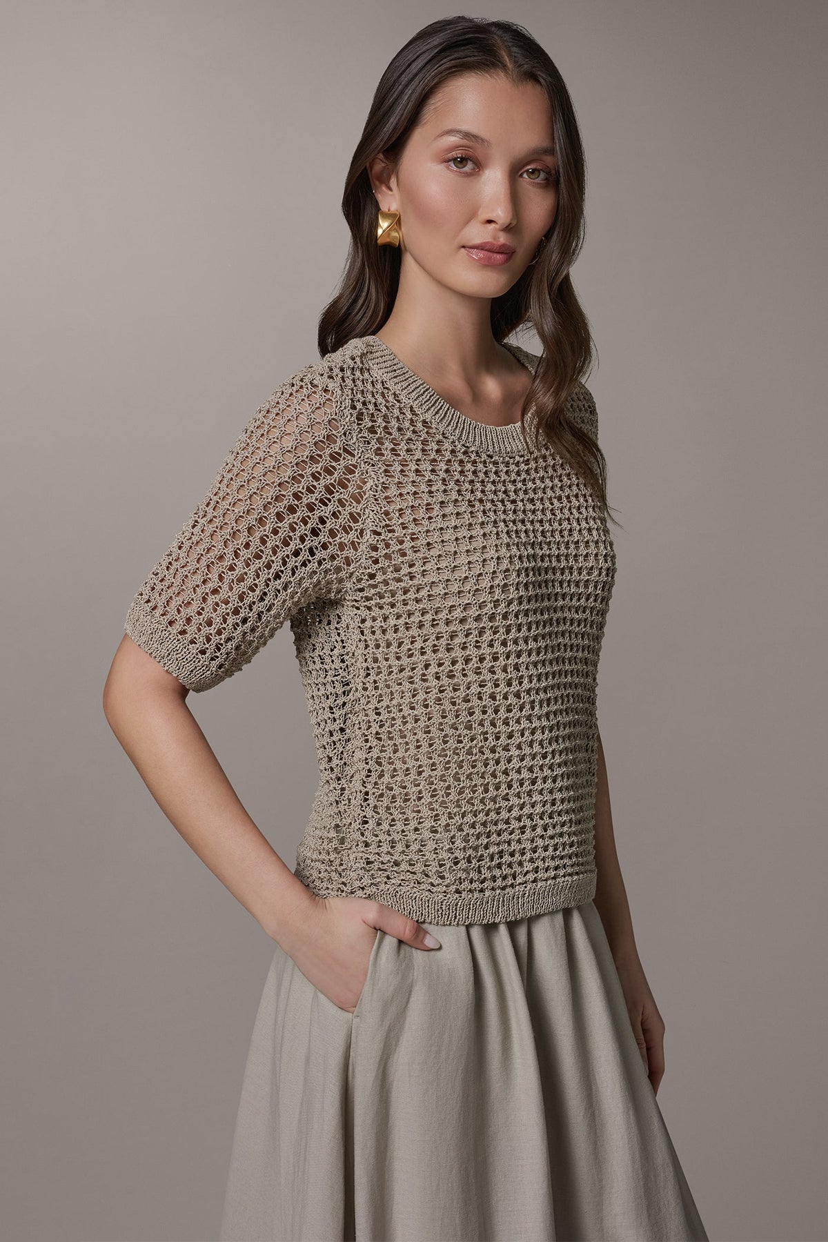 SHORT SLEEVE OPEN STITCH SWEATER - Sandstone