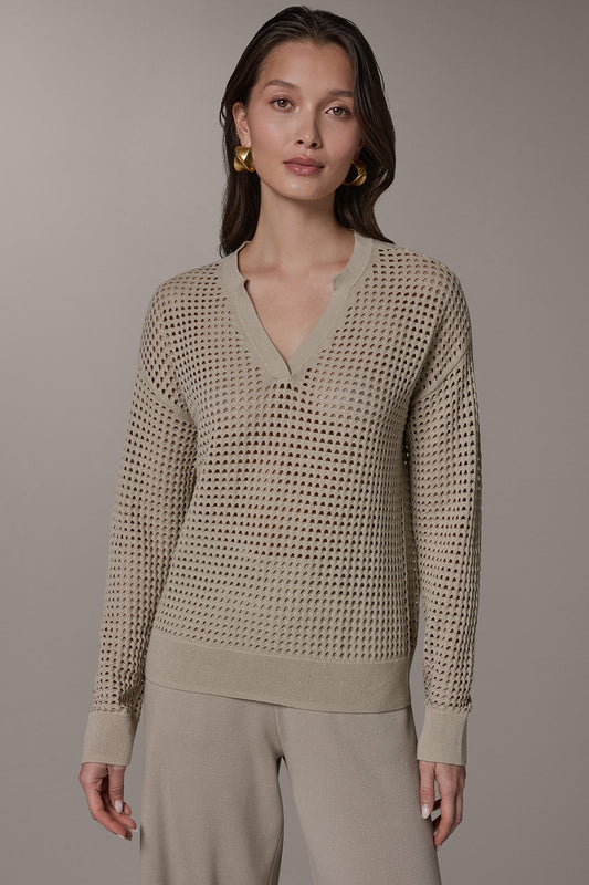 LONG SLEEVE POINTELLE SWEATER - Sandstone