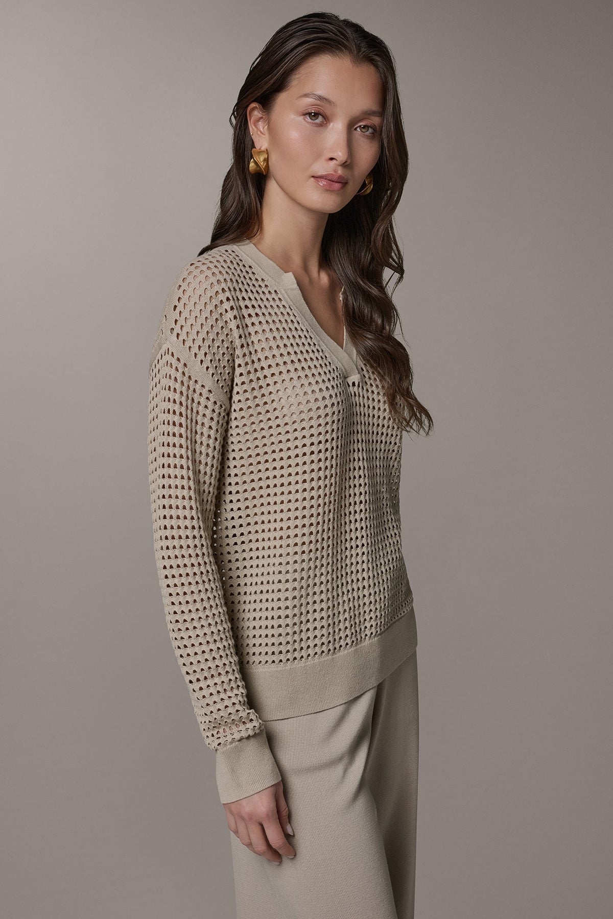LONG SLEEVE POINTELLE SWEATER - Sandstone