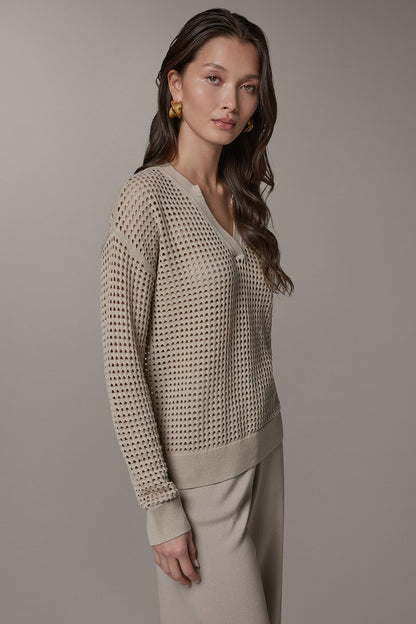LONG SLEEVE POINTELLE SWEATER - Sandstone