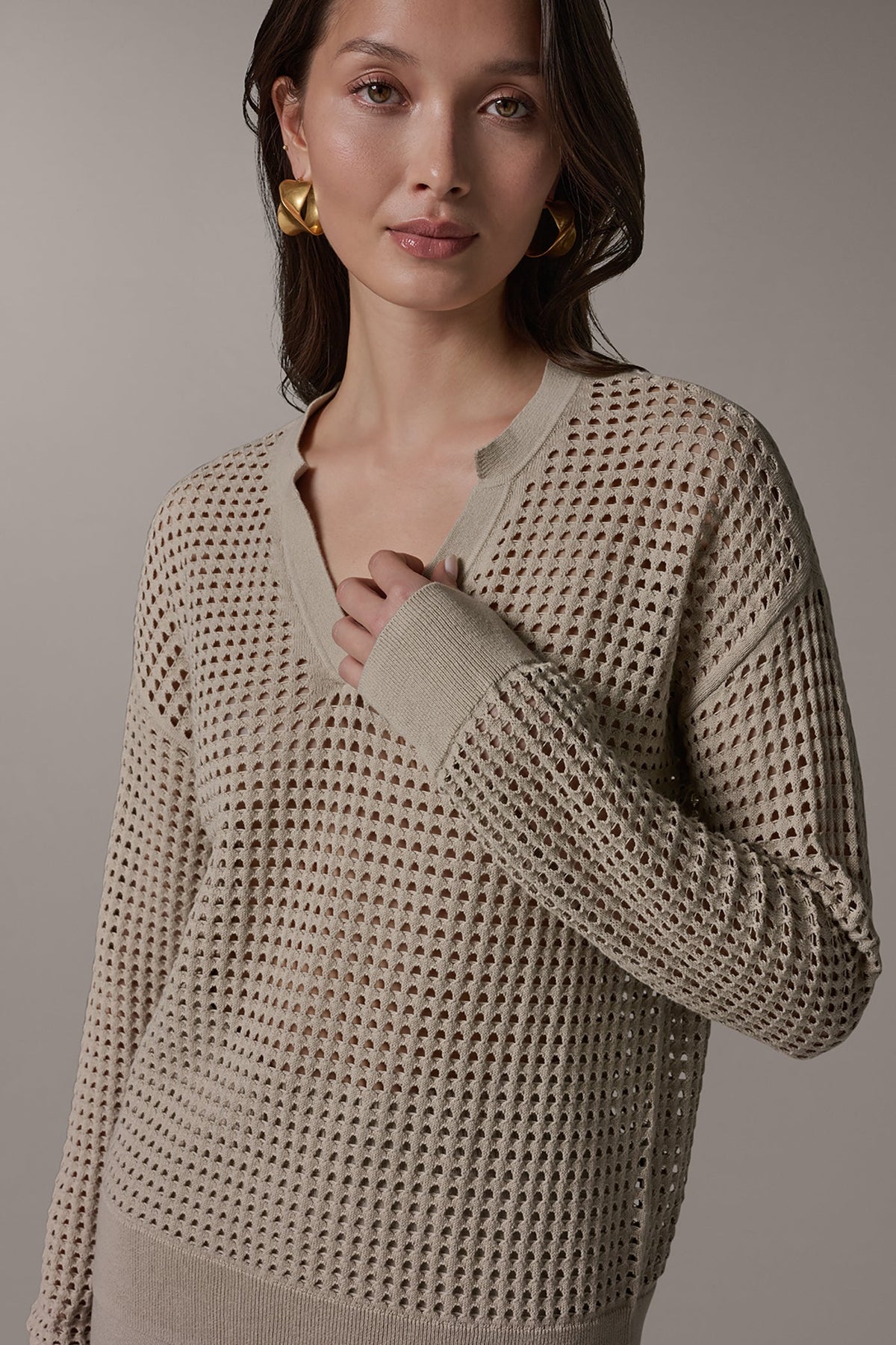 LONG SLEEVE POINTELLE SWEATER - Sandstone