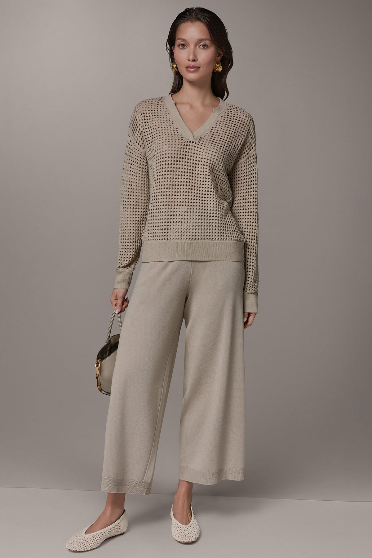 LONG SLEEVE POINTELLE SWEATER - Sandstone