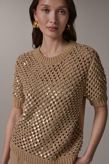SHORT SLEEVE PEARL SEQUIN SWEATER - Fawn