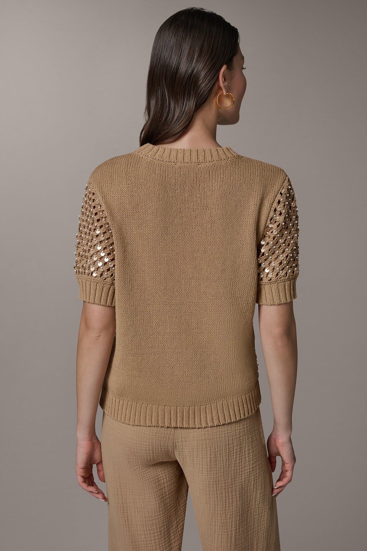 SHORT SLEEVE PEARL SEQUIN SWEATER - Fawn
