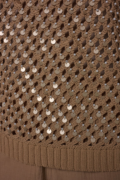 SHORT SLEEVE PEARL SEQUIN SWEATER - Fawn