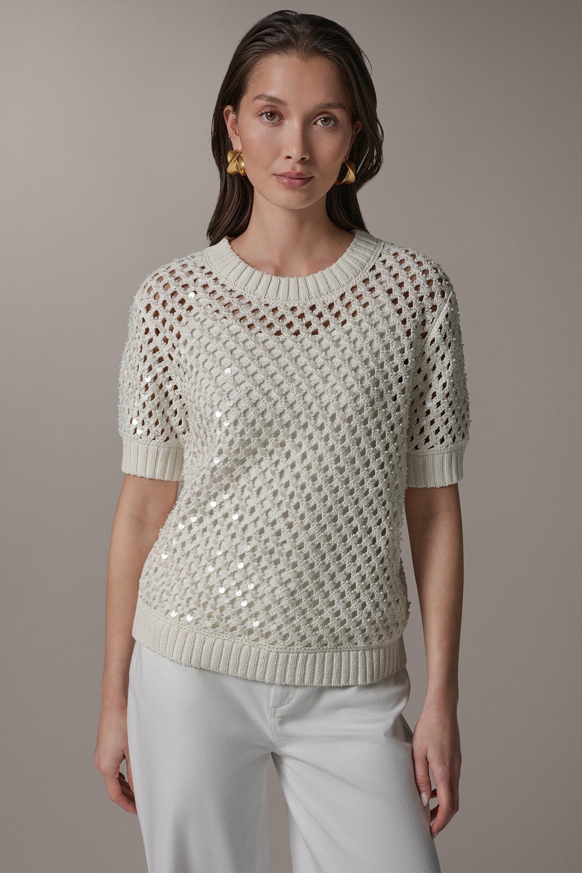 SHORT SLEEVE PEARL SEQUIN SWEATER - Cream