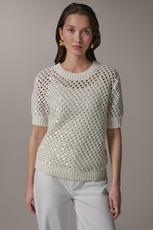 SHORT SLEEVE PEARL SEQUIN SWEATER - Cream