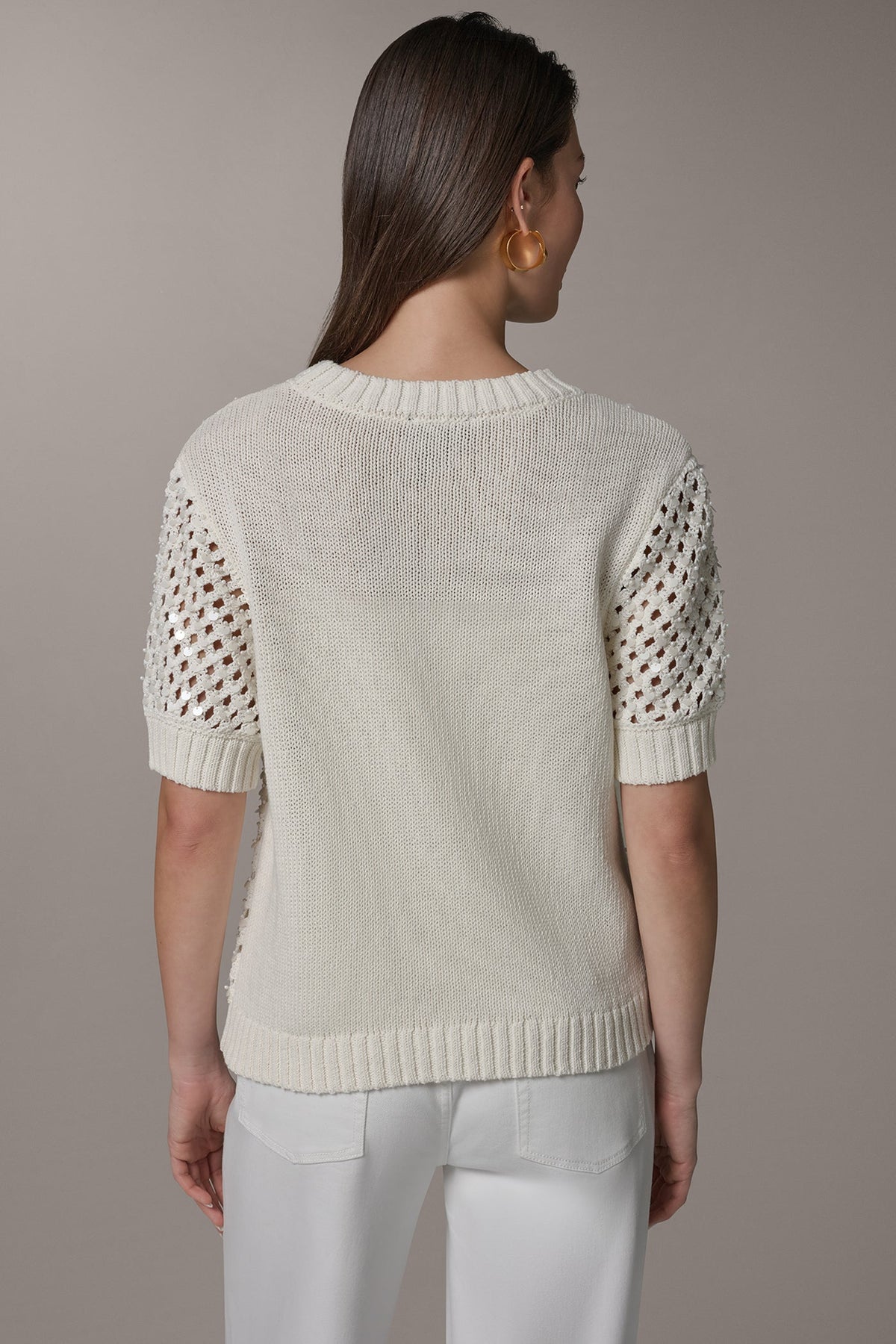 SHORT SLEEVE PEARL SEQUIN SWEATER - Cream