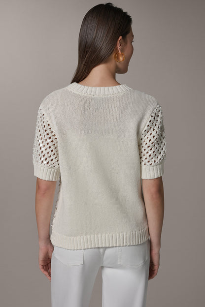 SHORT SLEEVE PEARL SEQUIN SWEATER - Cream