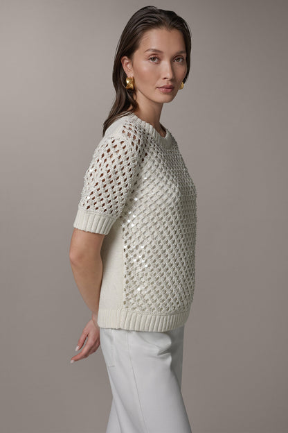 SHORT SLEEVE PEARL SEQUIN SWEATER - Cream